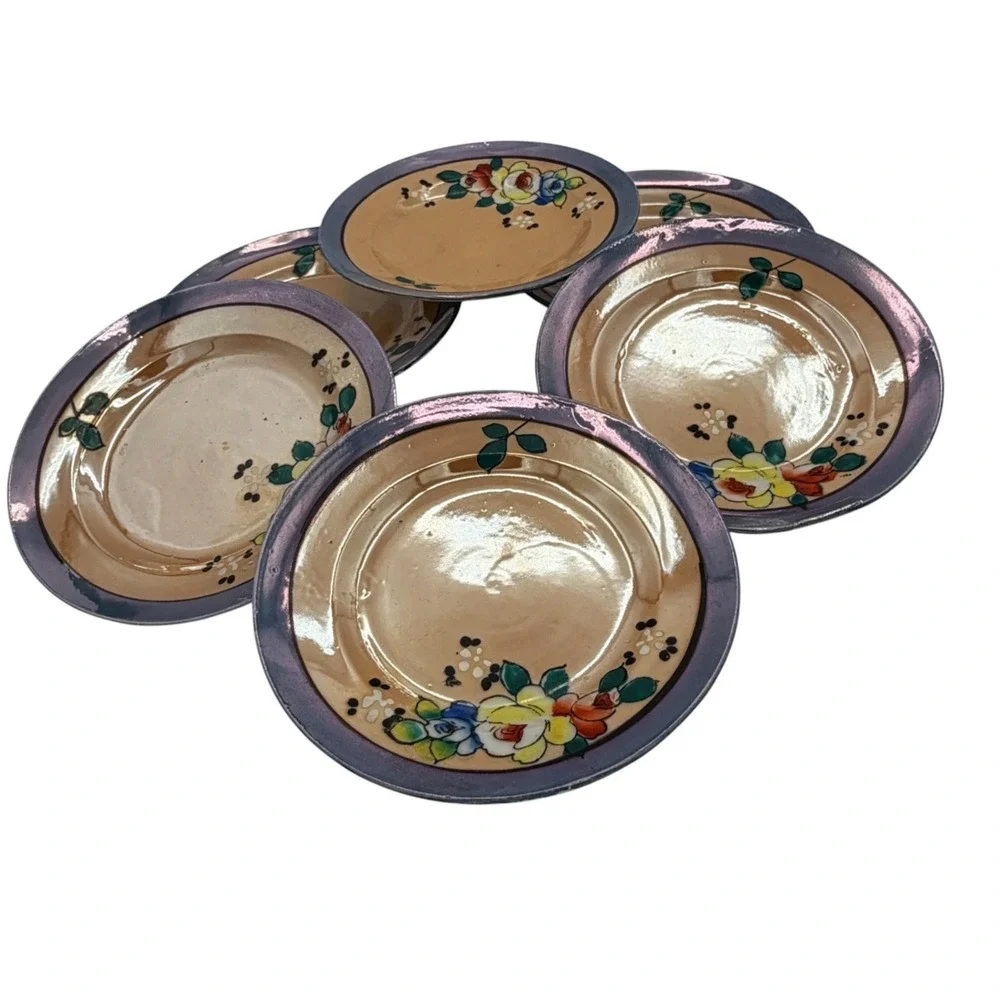 6 Antique Japanese Hand-Painted Floral Plates Luster Rim Made in Japan‎ c.1920s